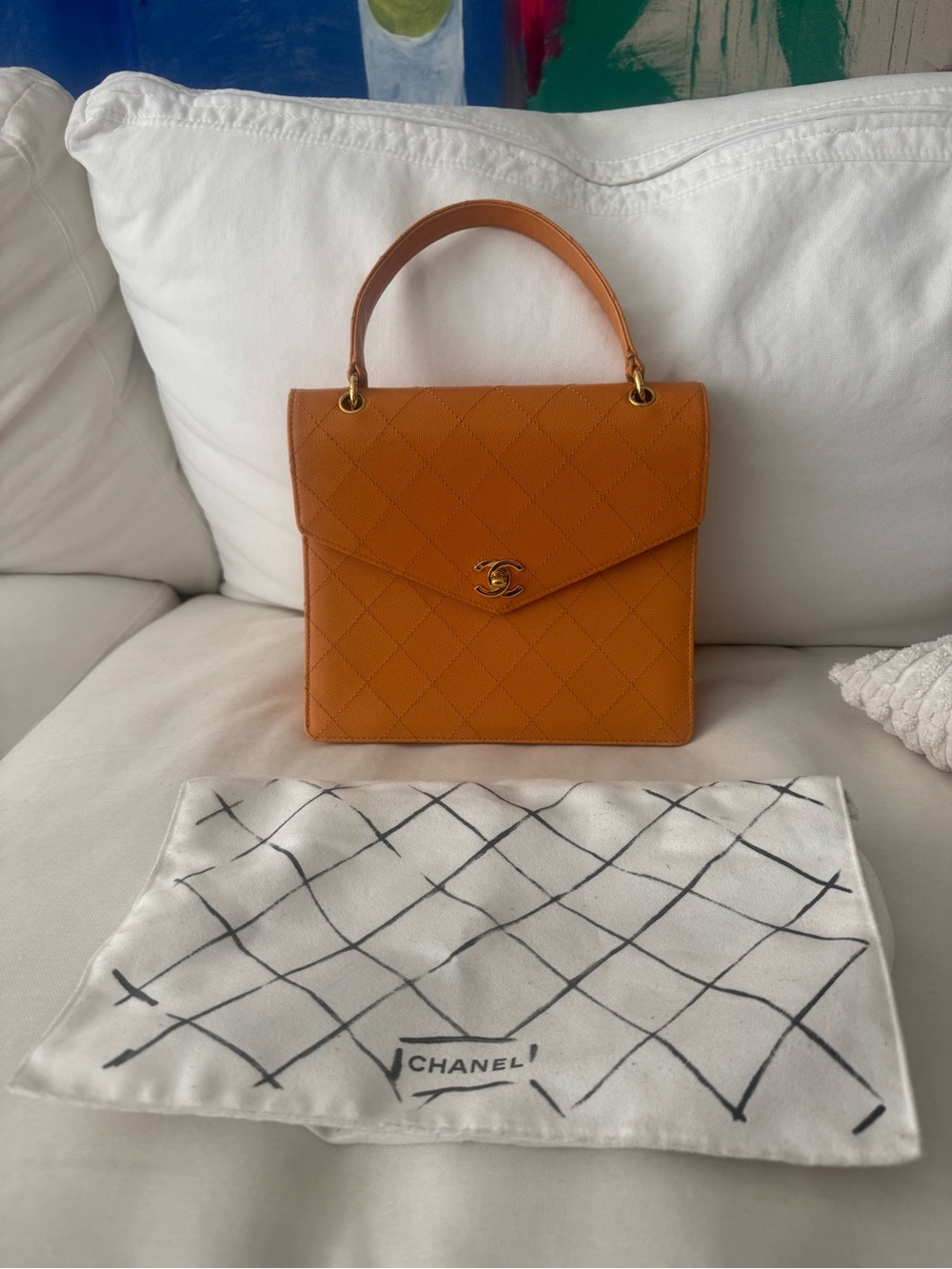 CHANEL Orange Quilted Top Handle Satchel with Gold Hardware